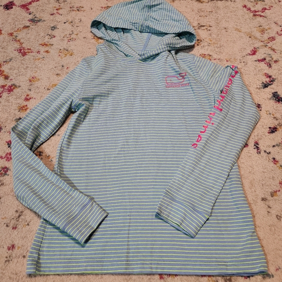 💘 Vineyard Vines Girls Striped Hooded Longsleeve Logo Shirt - Picture 1 of 3